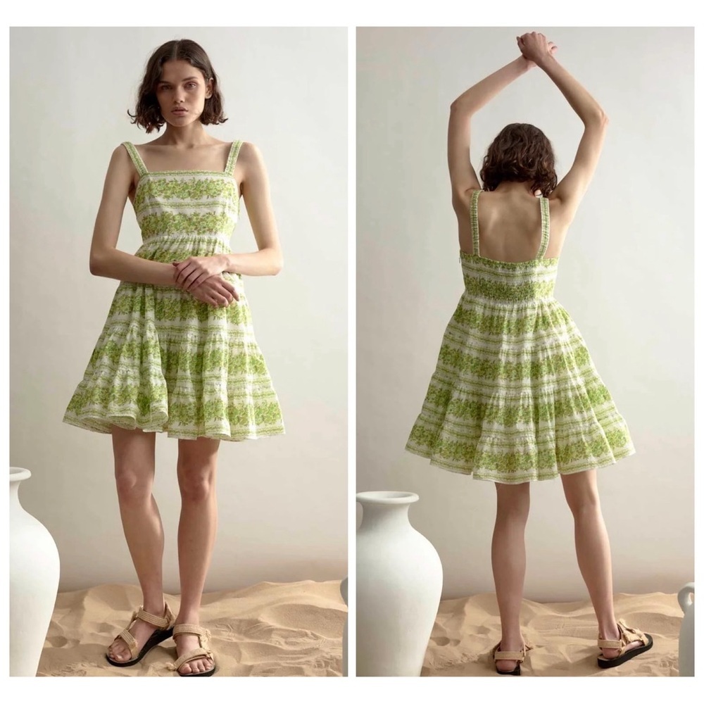 Alemais Jolene Dress Size 10 US 6 Green Floral Tiered Organic Cotton Mini Vacay - Picture 2 of 16
